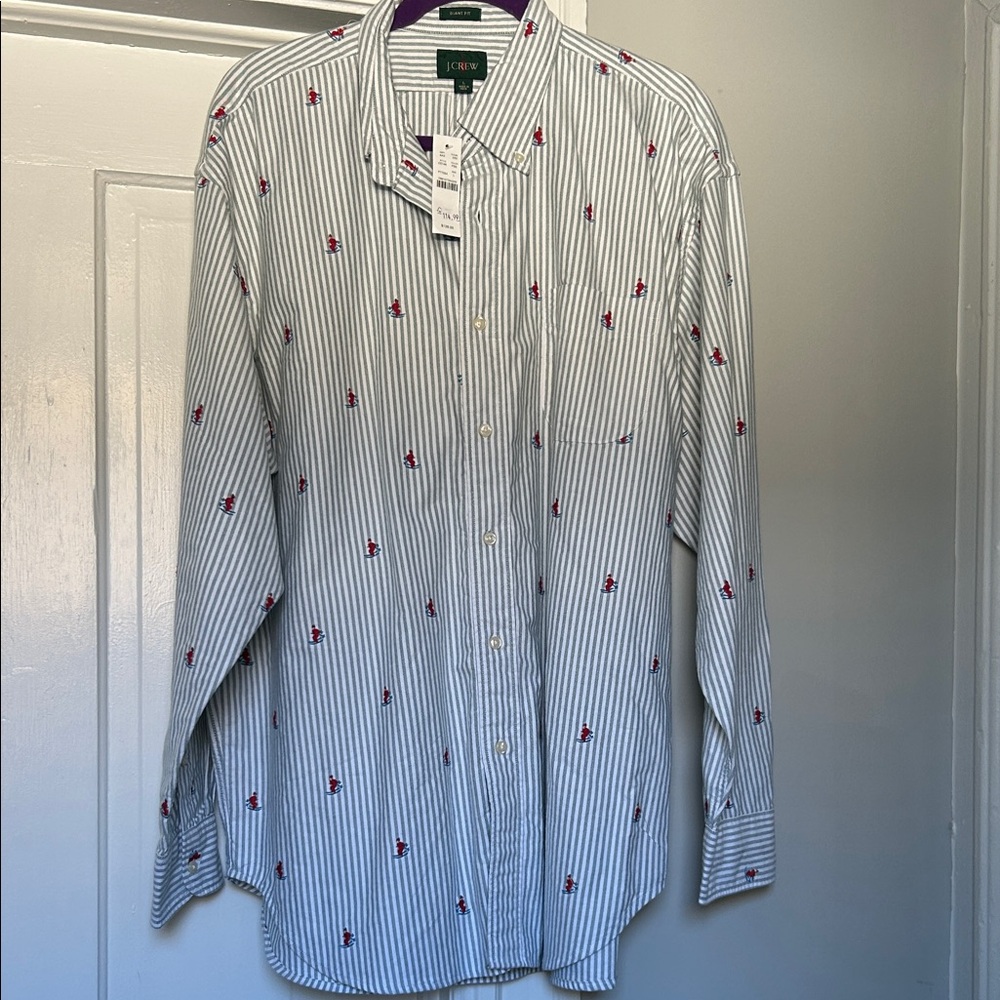 J. Crew Men's White and Red Striped Button Down Shirt